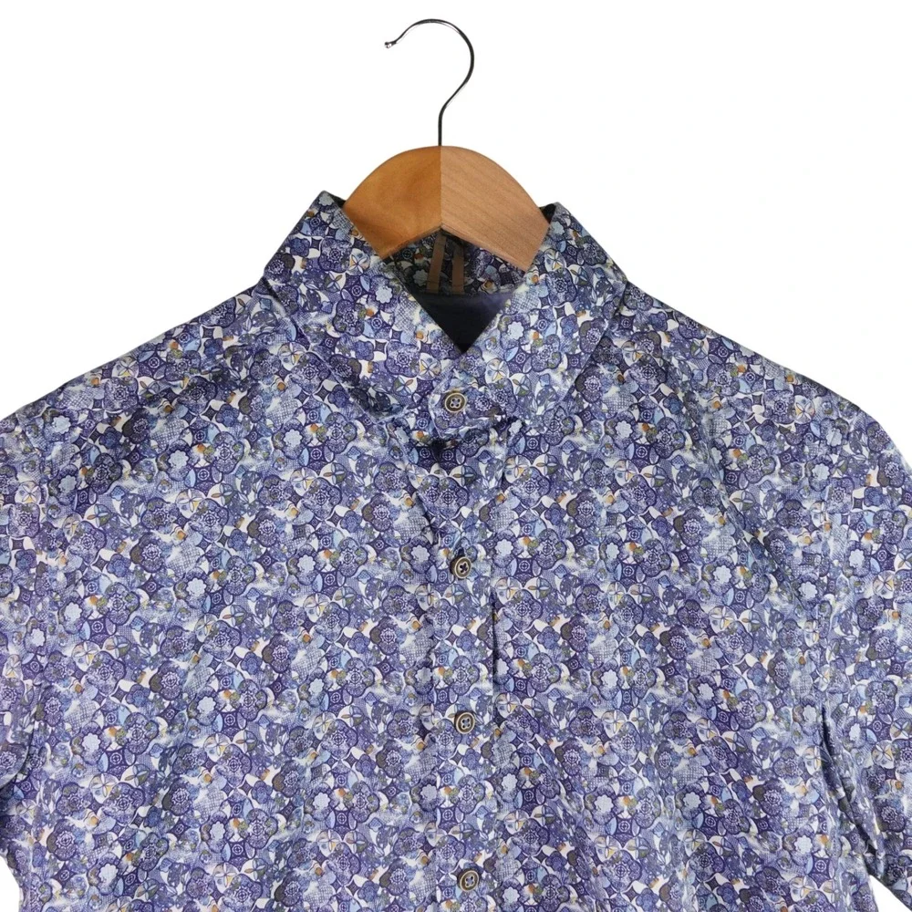 Robert Graham Modern Americana Men Blue Mosaic Tile Print SS Button Down Shirt M